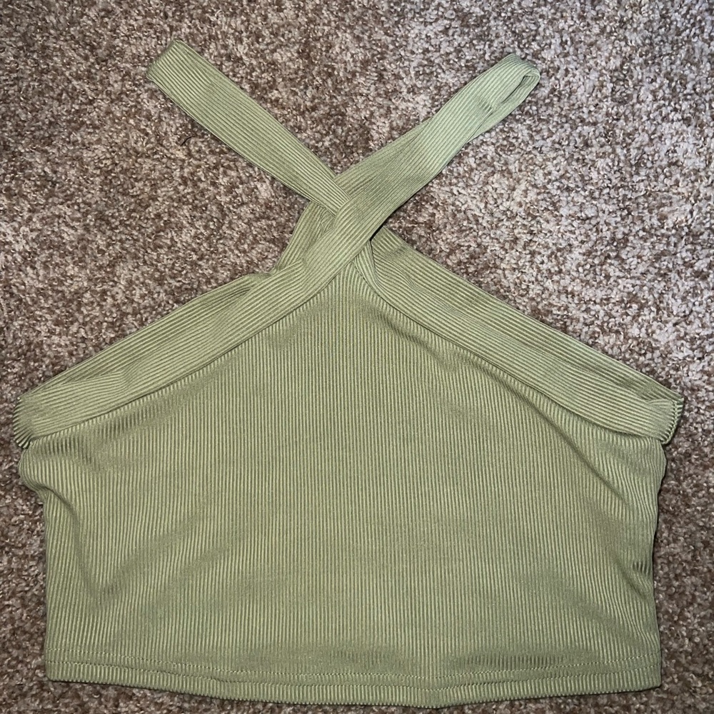 green criss cross neck line tank